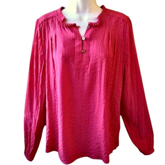 Tommy Hilfiger Blouse Coral Top Puckered Long Sleeve Neck Button Womens Large - Picture 13 of 14